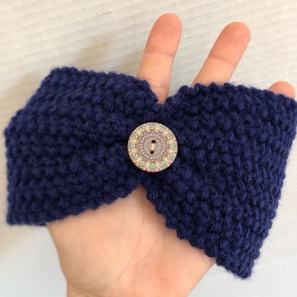 Hand Knit Blue Knot Headband with Button - Picture 8 of 8